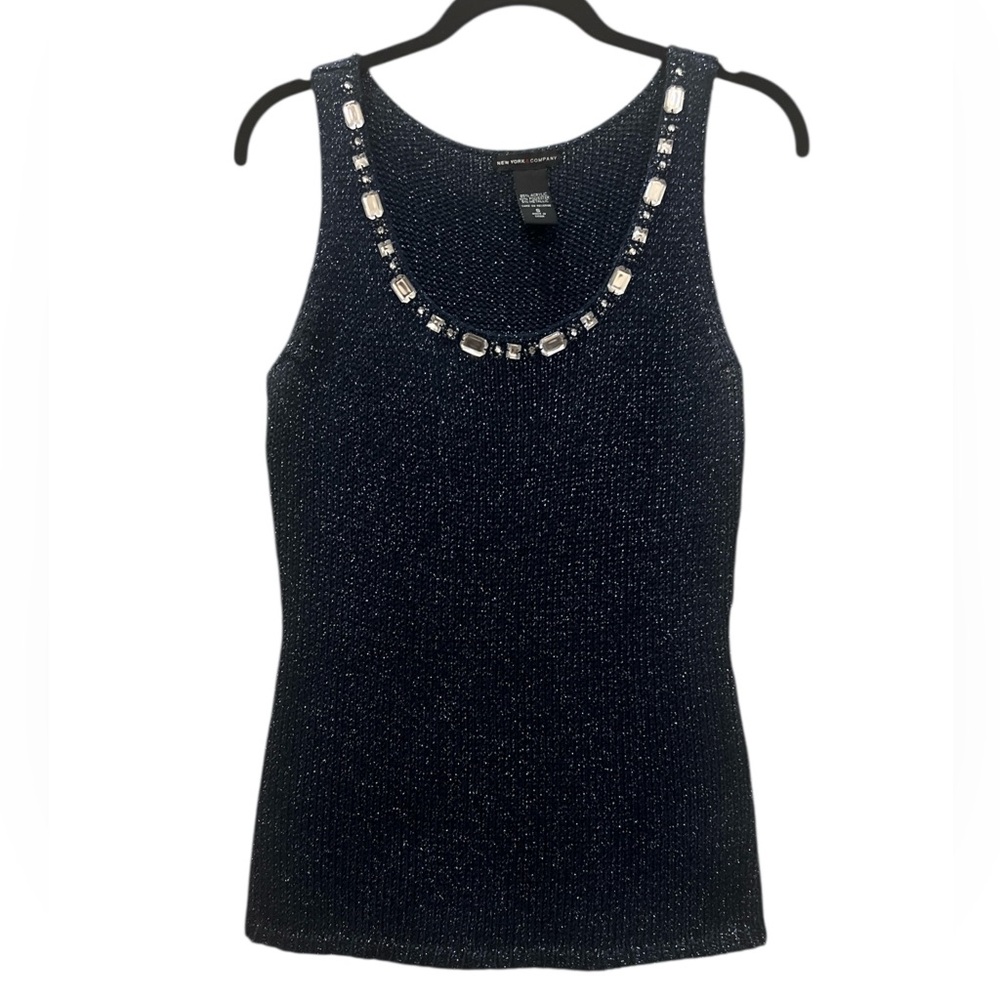 New York & Company Shimmery Dark Blue Embellished Sleeveless Knit Top Size Small